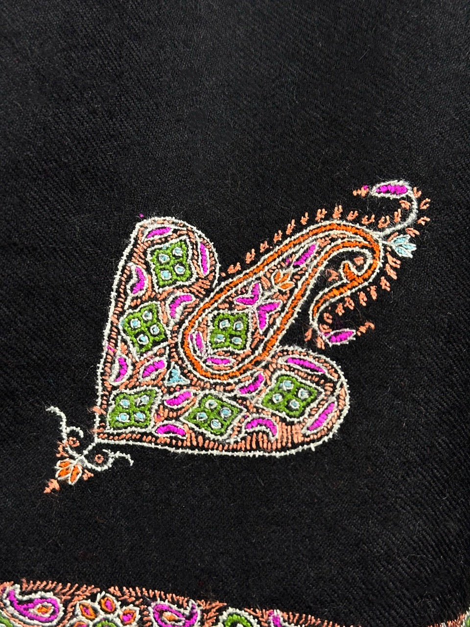 VINTAGE BLACK SILKEN EMBROIDERY SOFT HANDMADE SUMMER WEAR PURE PASHMINA SHAWL