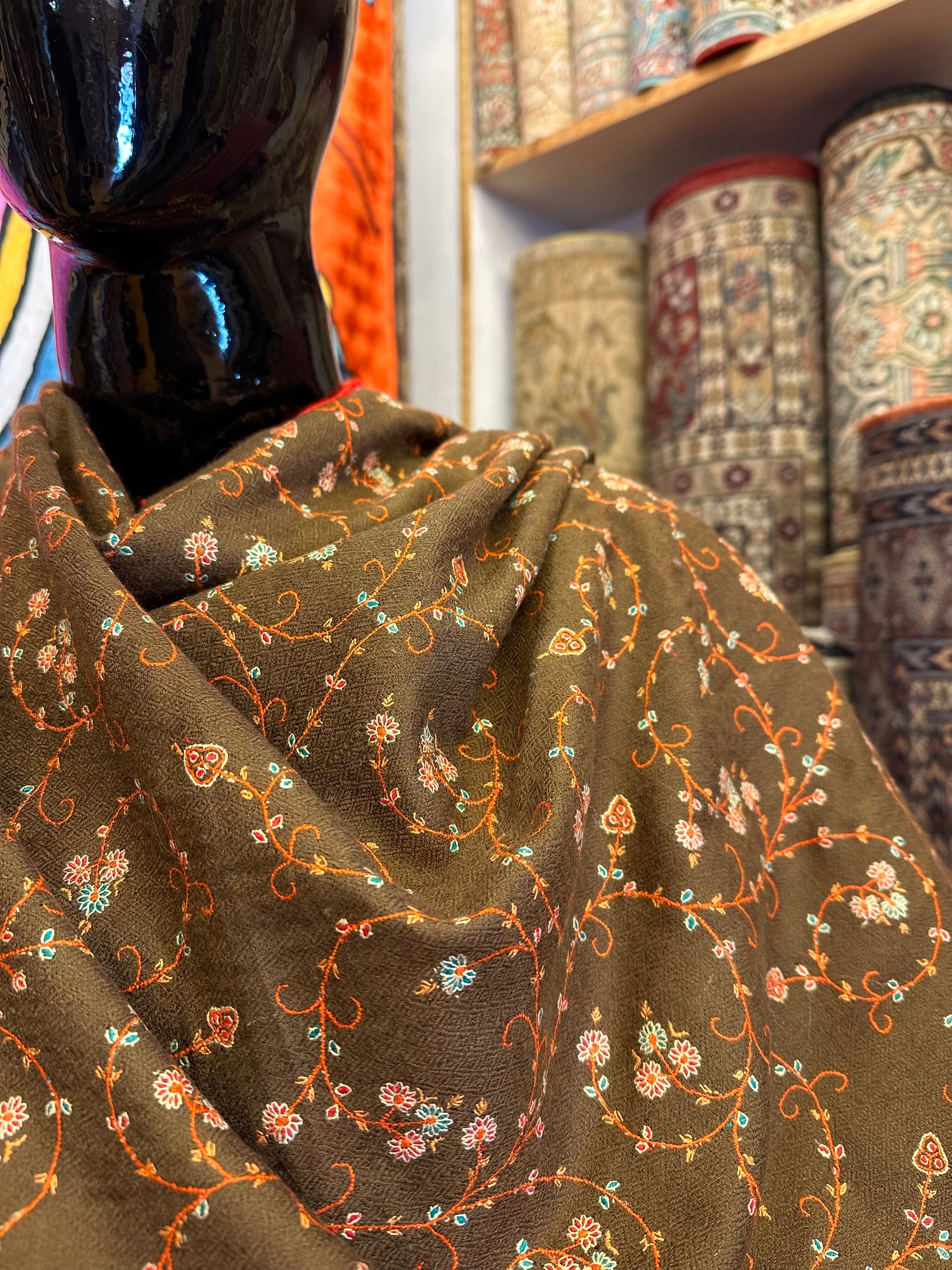 Brown Sozni Pashmina Scarf ArtAsiaHandicrafts
