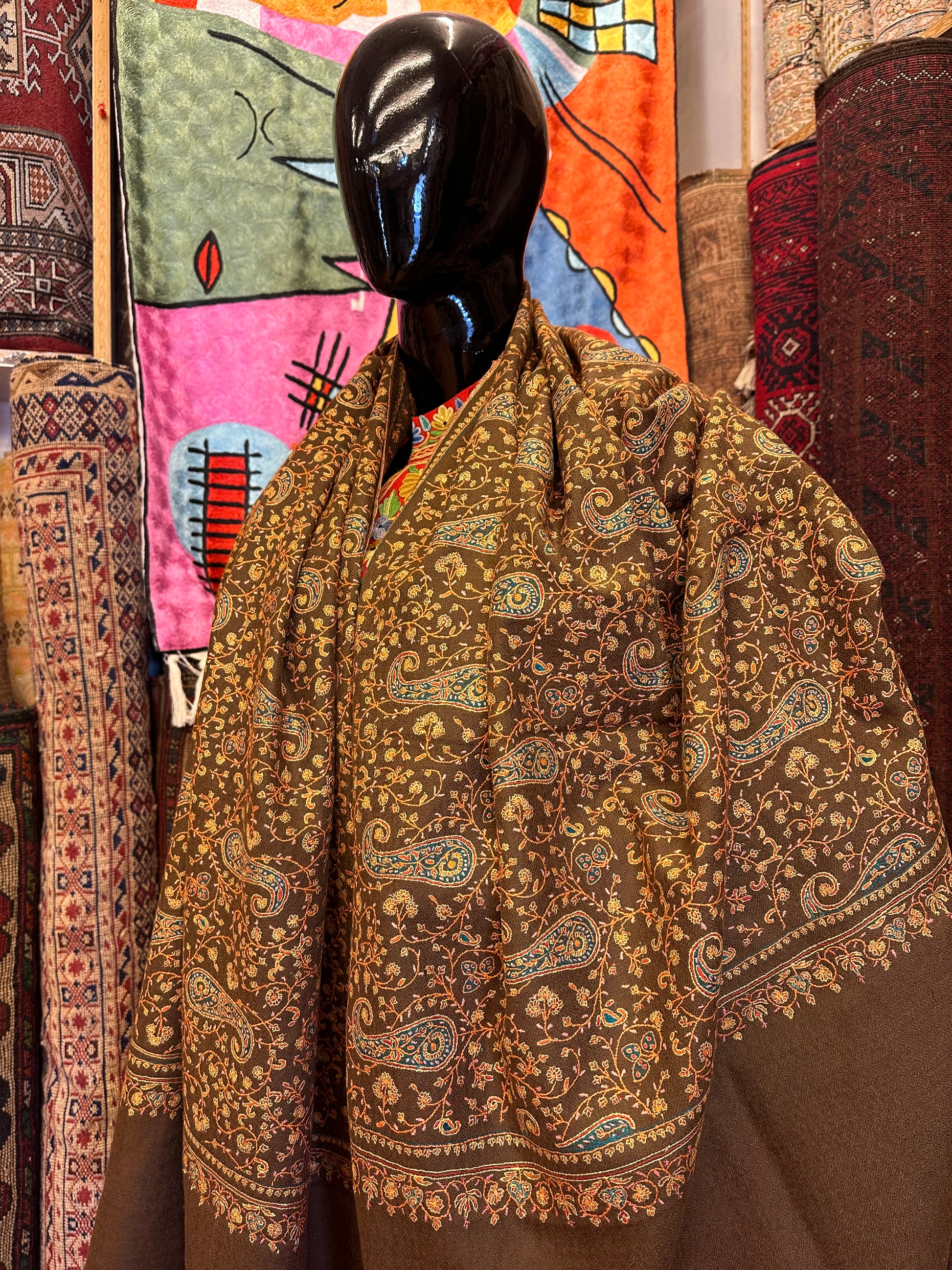 Brown Sozni Pashmina Scarf ArtAsiaHandicrafts