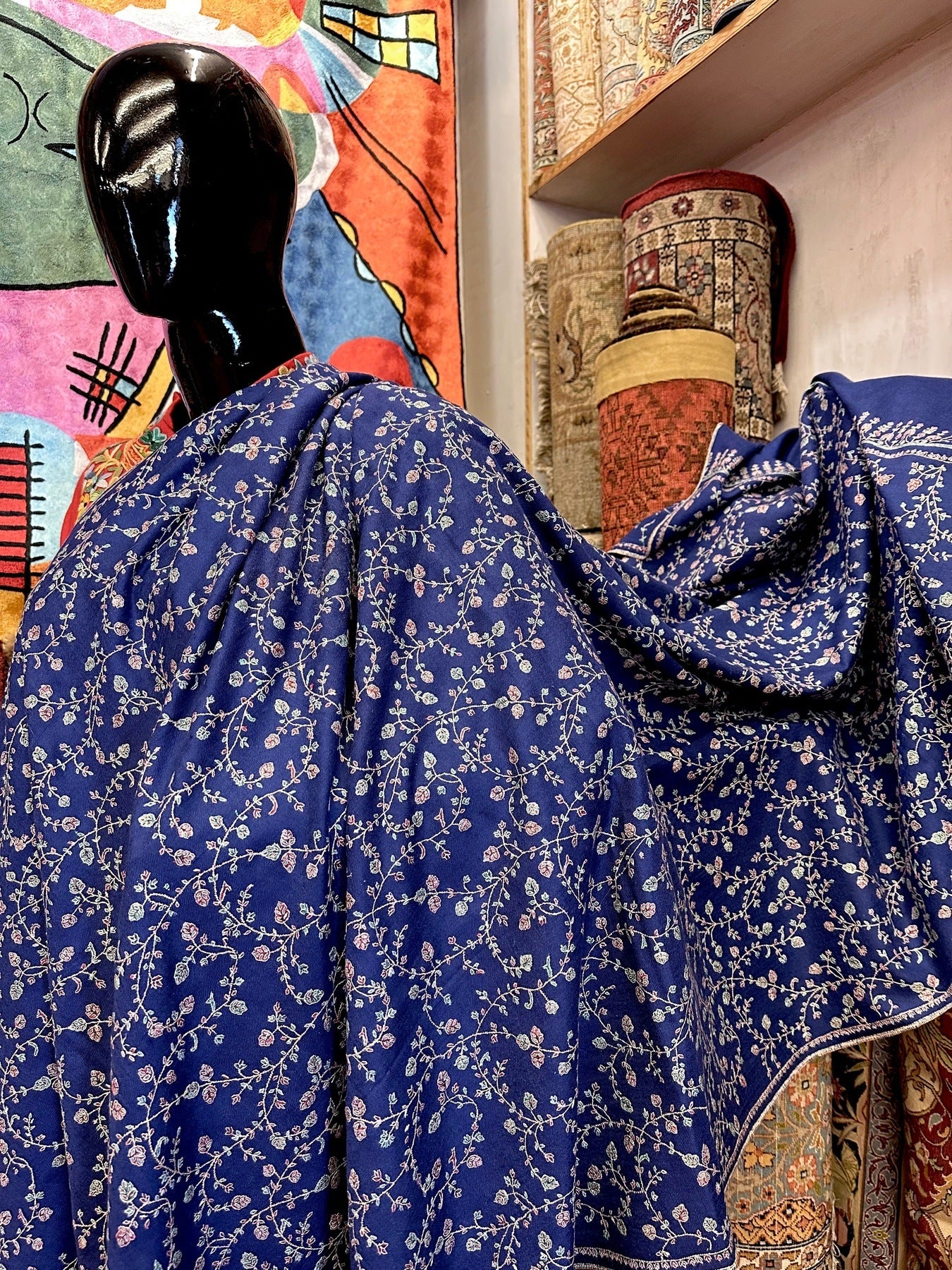 Dark Blue Sozni Pashmina Shawl ArtAsiaHandicrafts