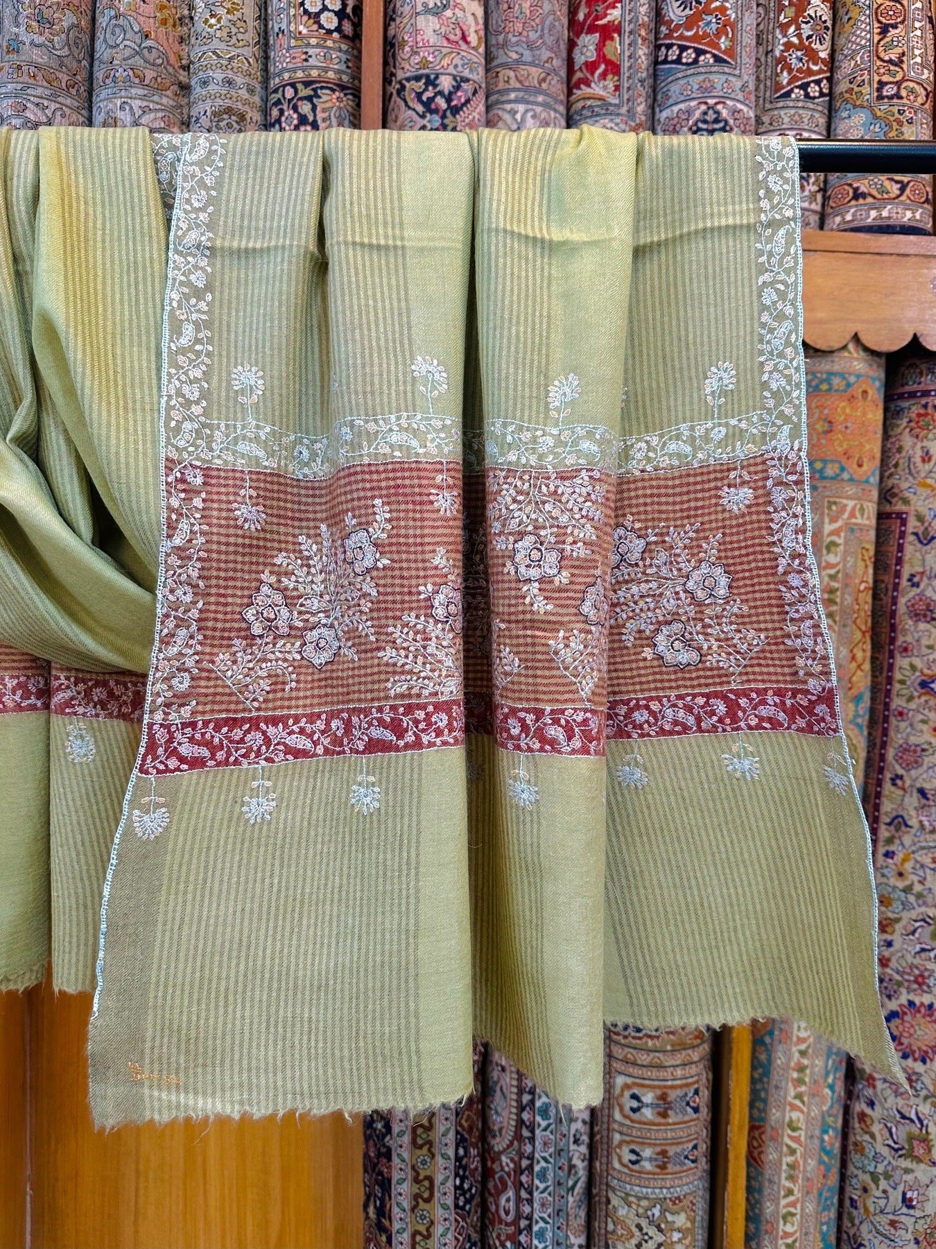 Grey Olive Sozni Pashmina Shawl ArtAsiaHandicrafts