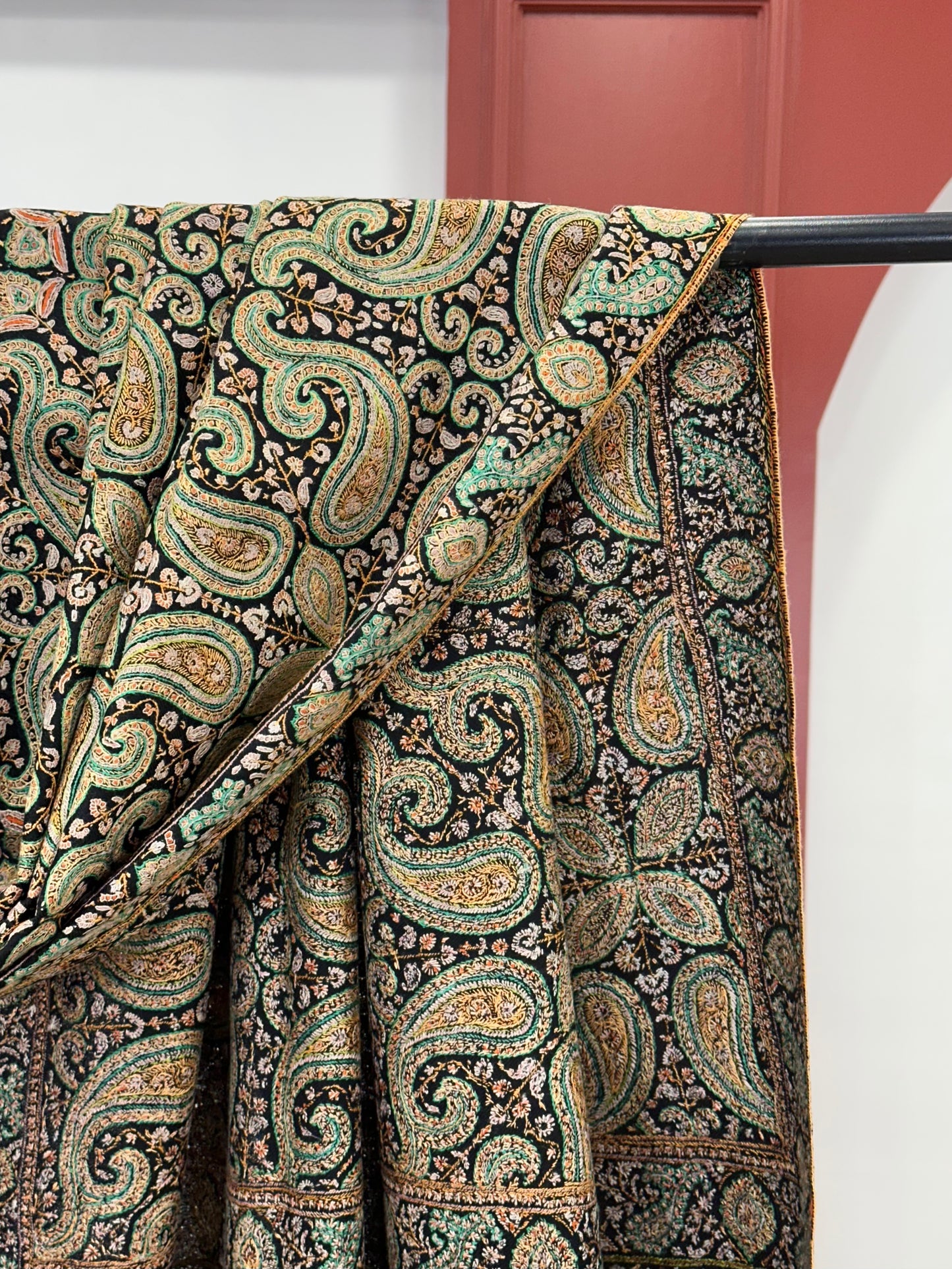 Handcrafted Black Pashmina Shawl with Sozni Paisley Embroidery