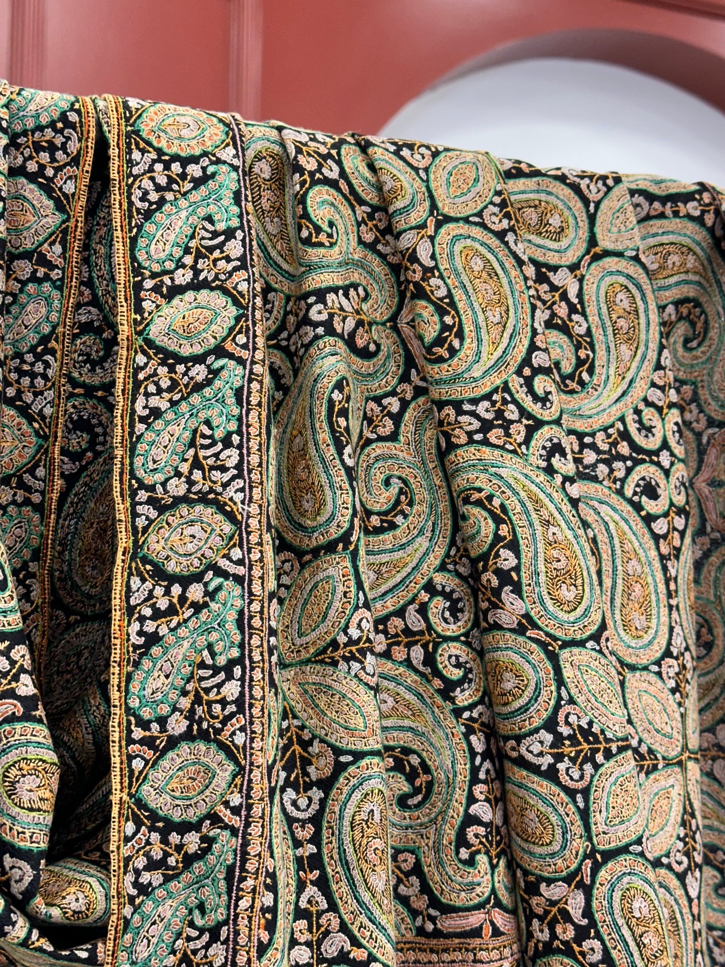Handcrafted Black Pashmina Shawl with Sozni Paisley Embroidery