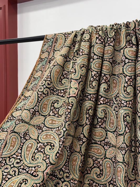Handcrafted Black Pashmina Shawl with Sozni Paisley Embroidery