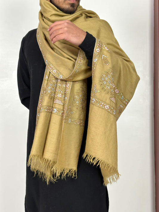 HAND EMBROIDERED CAMEL BROWN MUGHAL BUTI PASHMINA SHAWL