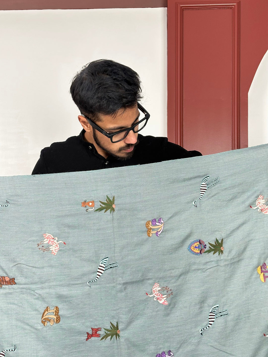 ANIMAL SCENERY BUTI PAIR TEAL COLOR PASHMINA SHAWL