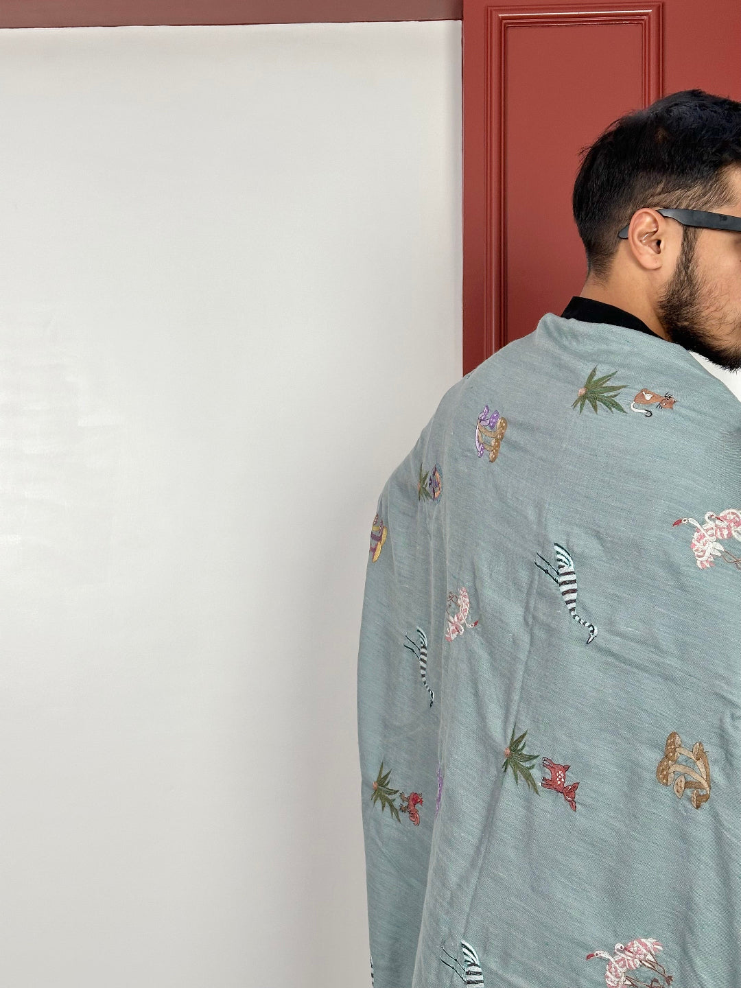 ANIMAL SCENERY BUTI PAIR TEAL COLOR PASHMINA SHAWL