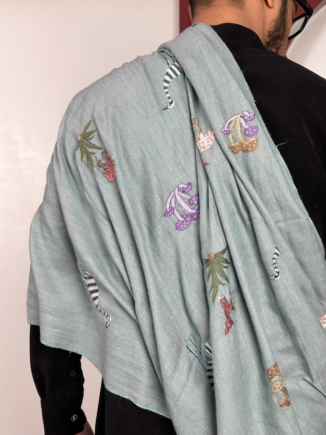 ANIMAL SCENERY BUTI PAIR TEAL COLOR PASHMINA SHAWL