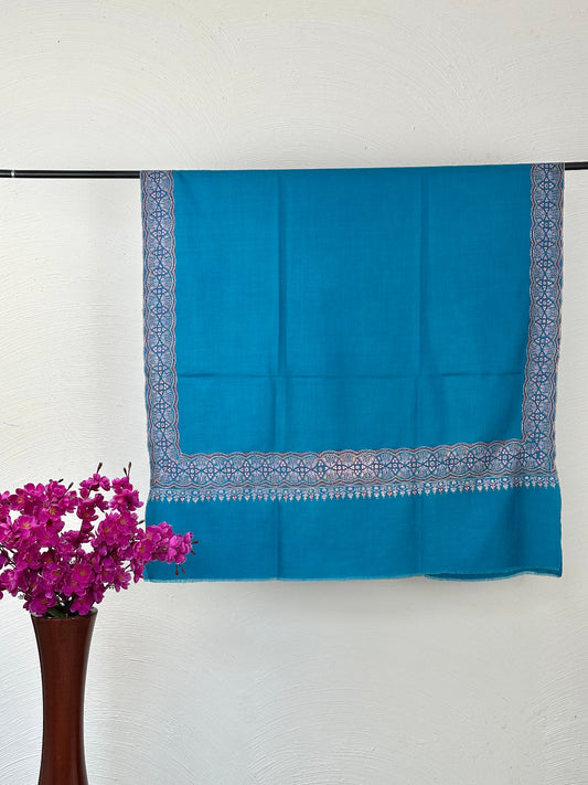 SILK EMBROIDERY TEAL COLOUR PURE PASHMINA SHAWL