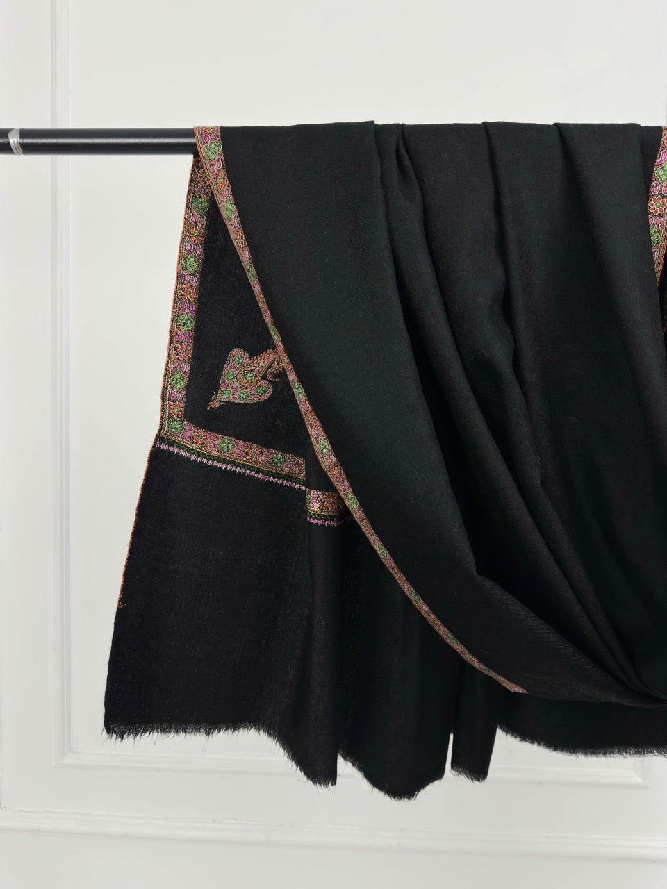 VINTAGE BLACK SILKEN EMBROIDERY SOFT HANDMADE SUMMER WEAR PURE PASHMINA SHAWL