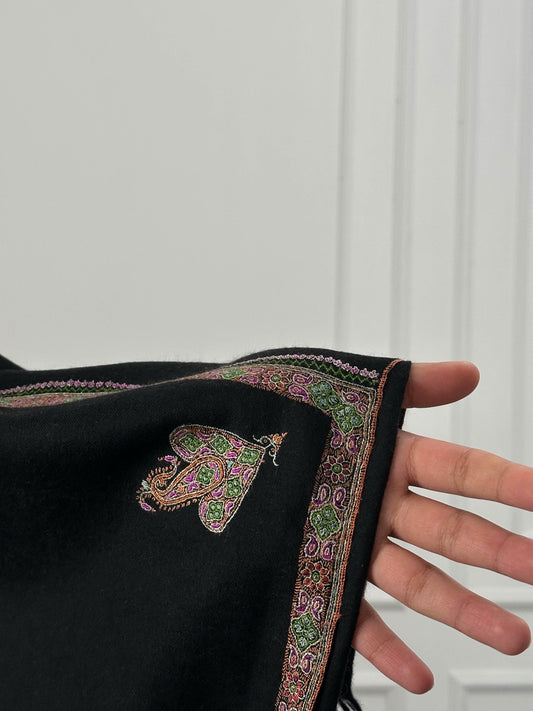 VINTAGE BLACK SILKEN EMBROIDERY SOFT HANDMADE SUMMER WEAR PURE PASHMINA SHAWL