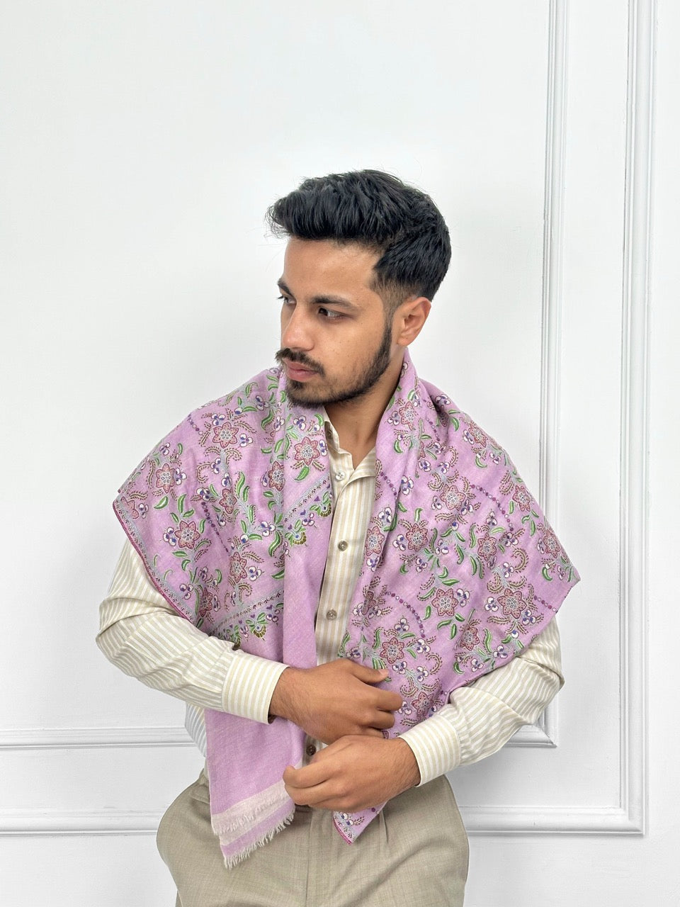 SOFT LUXURIOUS FEEL LILAC REVERSIBLE LOOK PURE PASHMINA EMBROIDERY SHAWL