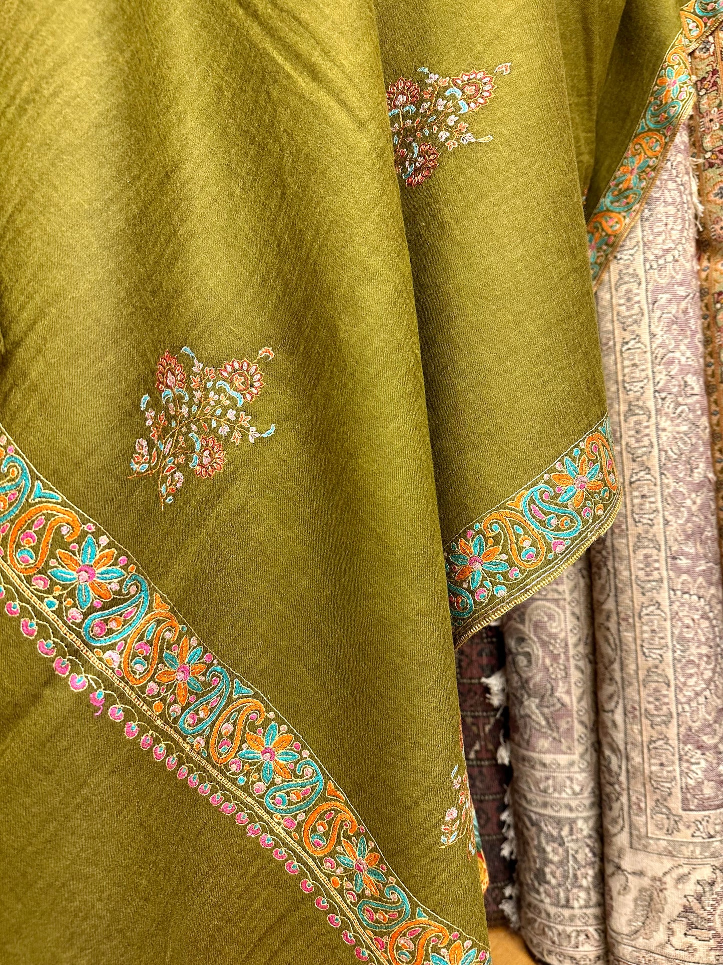 Olive Green Sozni Pashmina Shawl ArtAsiaHandicrafts