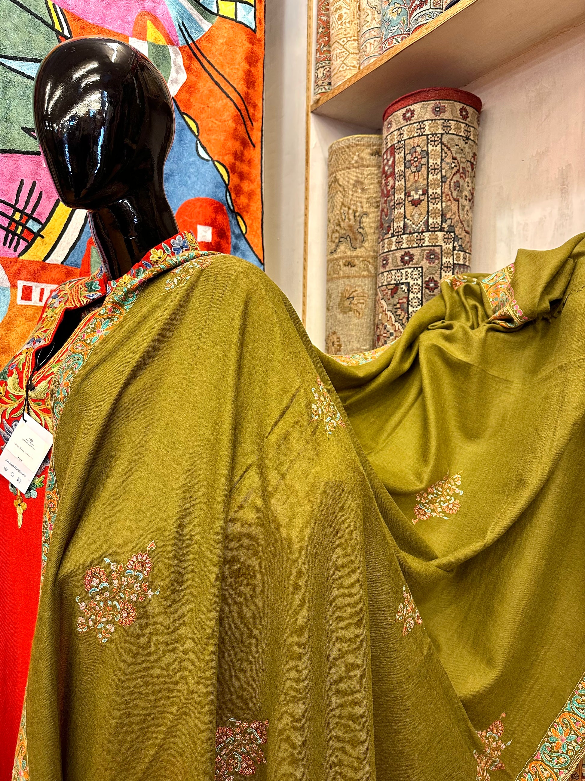 Olive Green Sozni Pashmina Shawl ArtAsiaHandicrafts