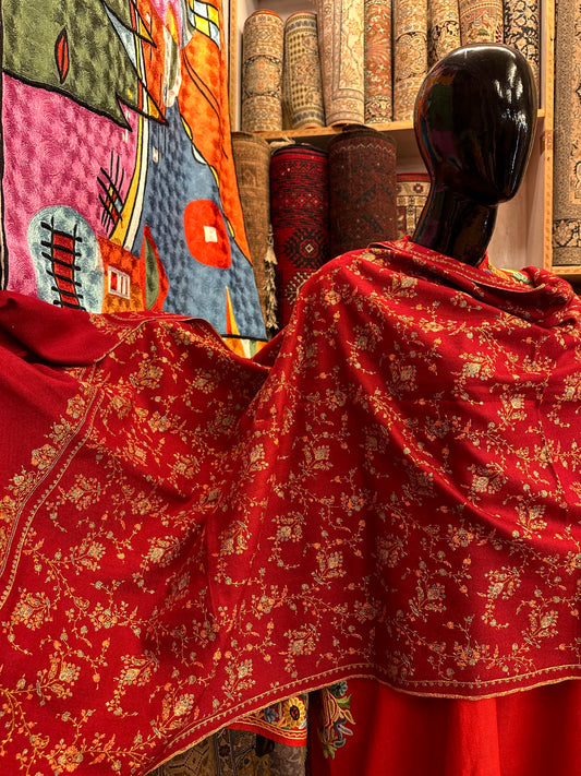 Red Sozni Pashmina Scarf ArtAsiaHandicrafts