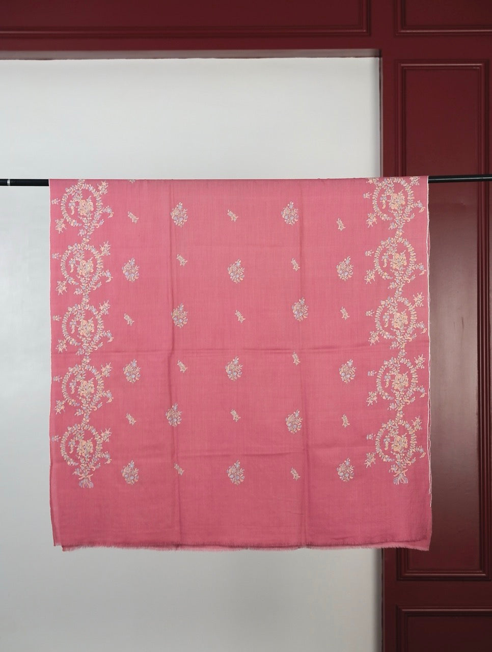FINEST EMBROIDERED DRAPE ROSE PINK PASHMINA SHAWL