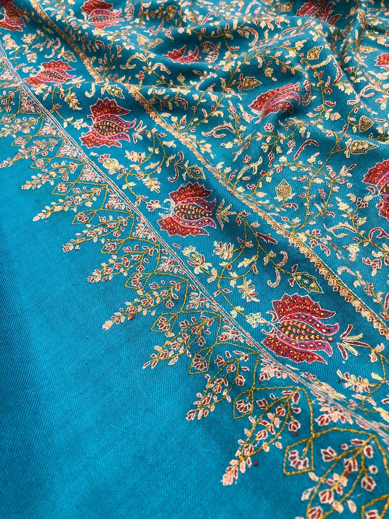 Teal Blue Sozni Pashmina Shawl ArtAsiaHandicrafts