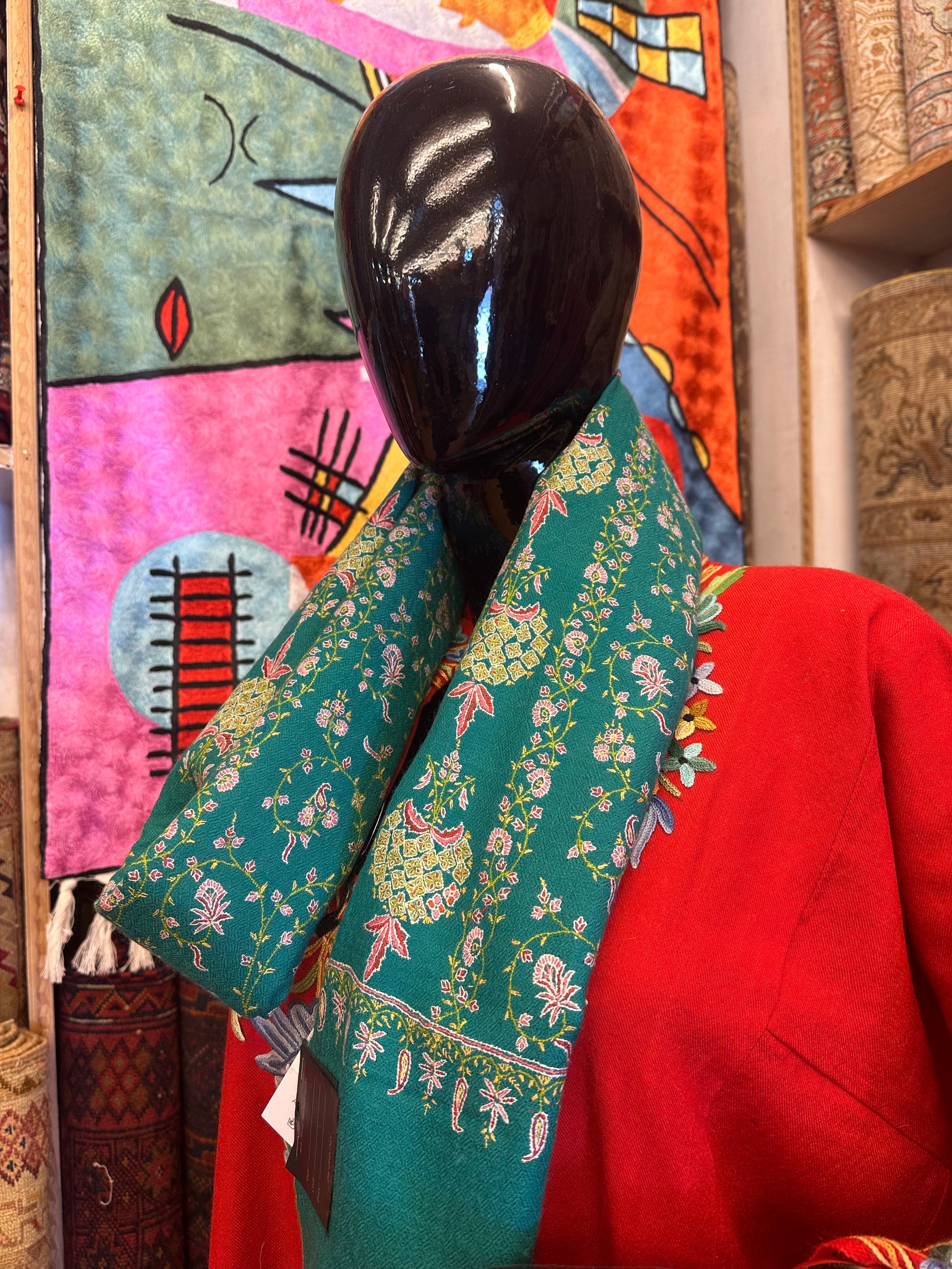 Teal Green Sozni Pashmina Scarf ArtAsiaHandicrafts