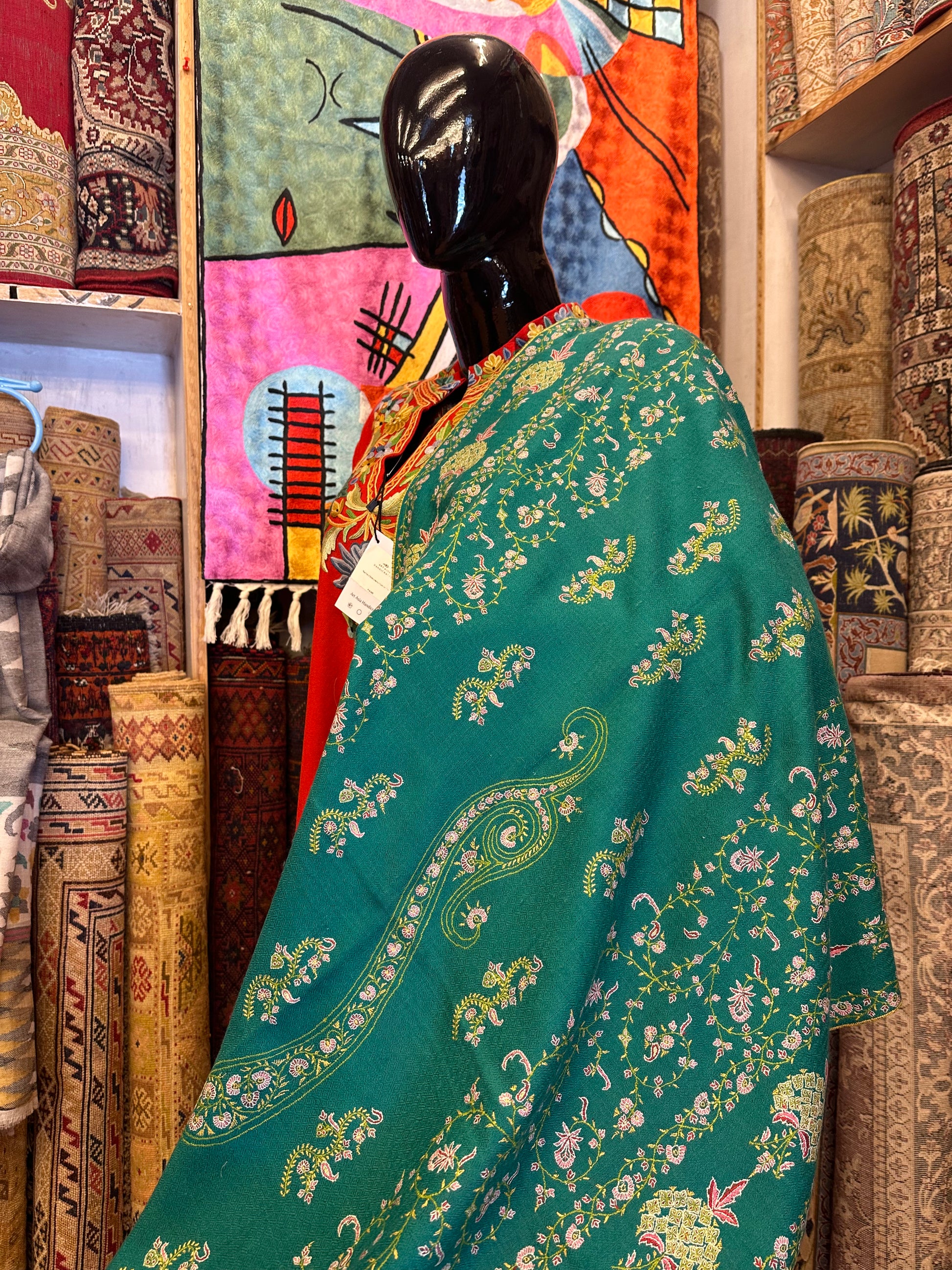 Teal Green Sozni Pashmina Scarf ArtAsiaHandicrafts