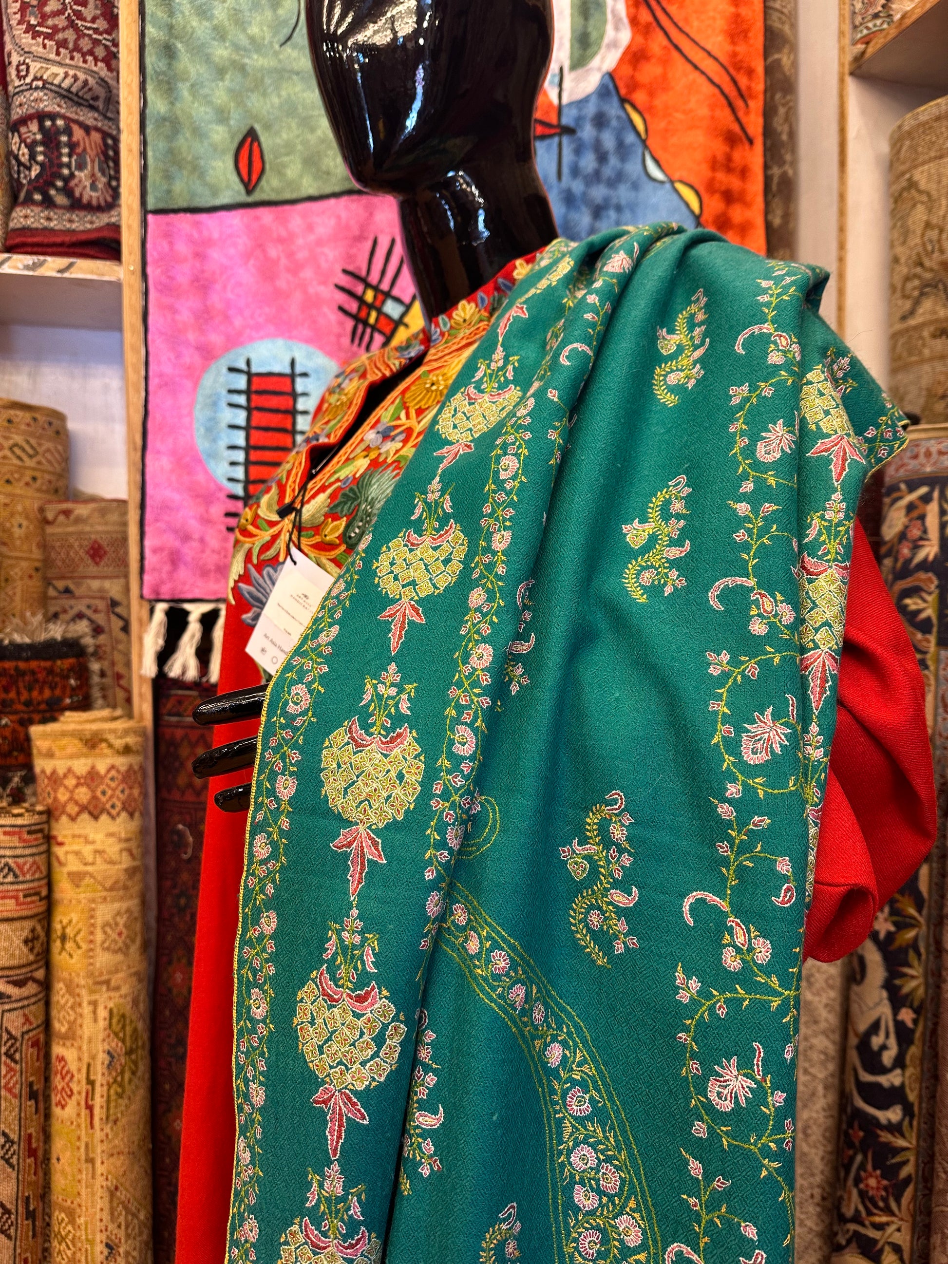 Teal Green Sozni Pashmina Scarf ArtAsiaHandicrafts