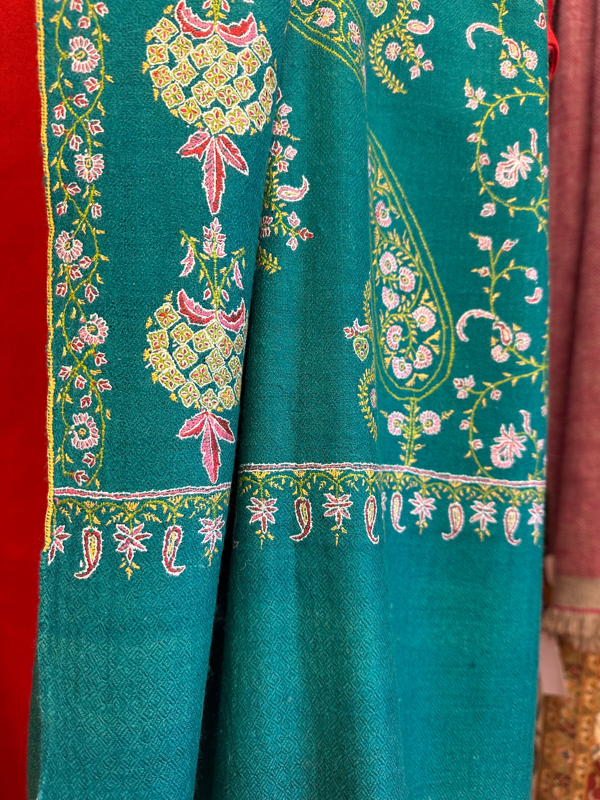 Teal Green Sozni Pashmina Scarf ArtAsiaHandicrafts