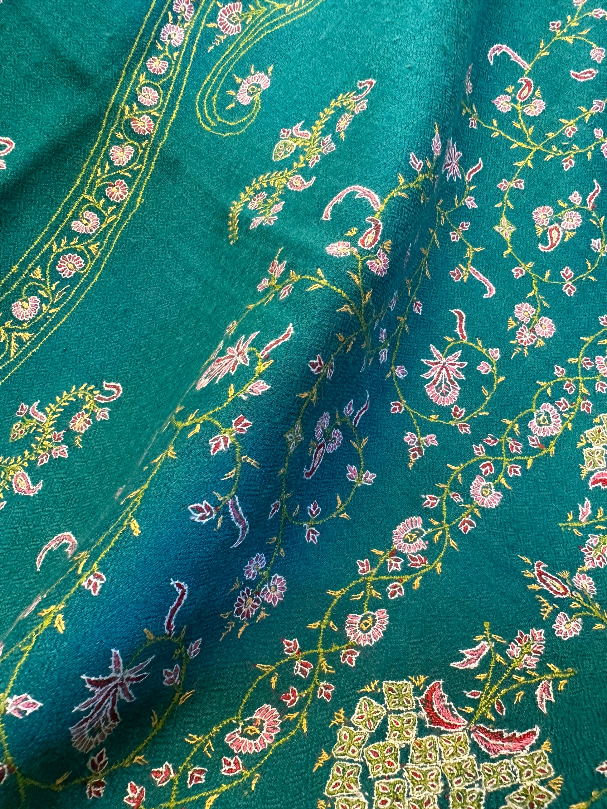 Teal Green Sozni Pashmina Scarf ArtAsiaHandicrafts