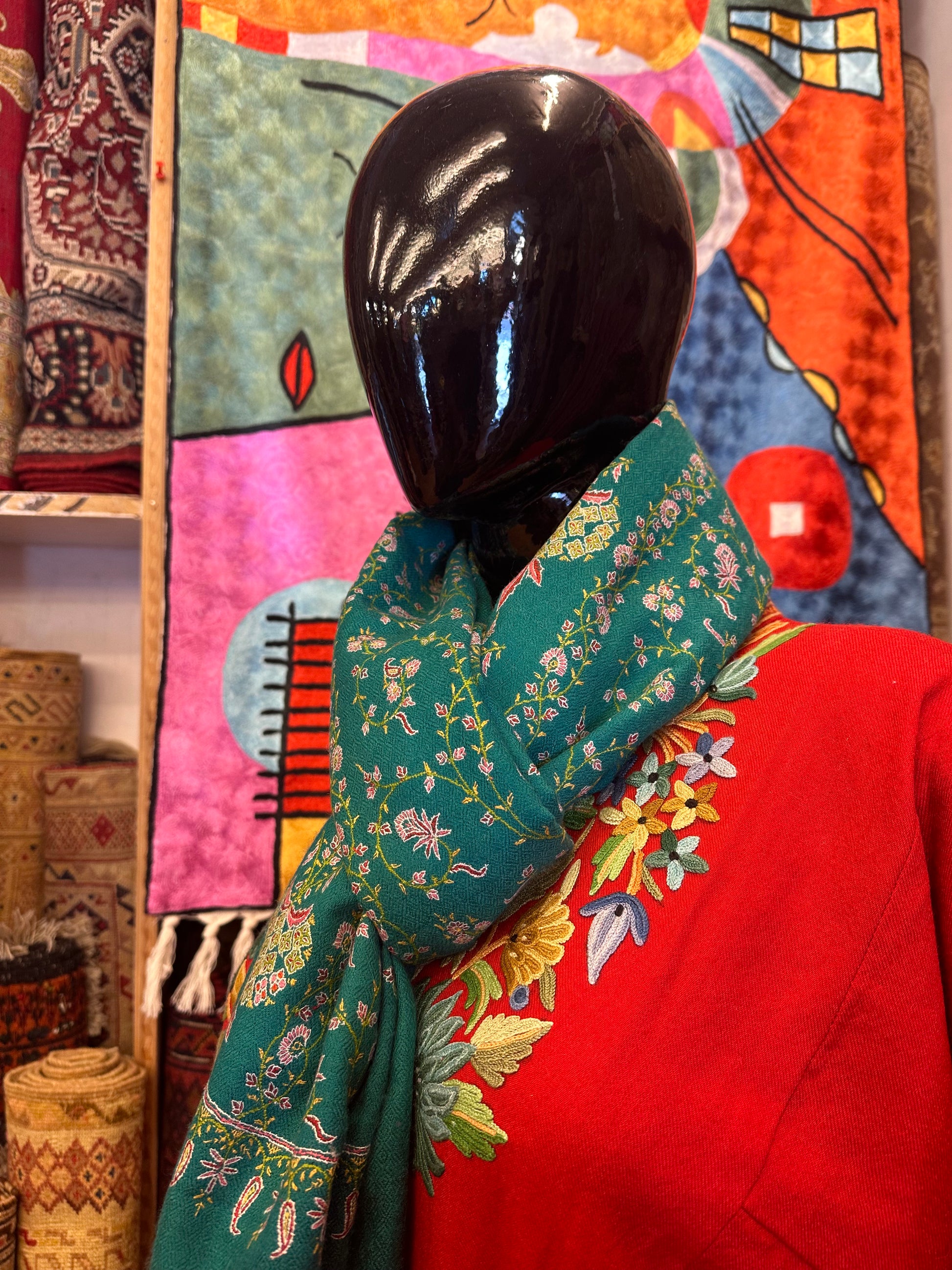 Teal Green Sozni Pashmina Scarf ArtAsiaHandicrafts