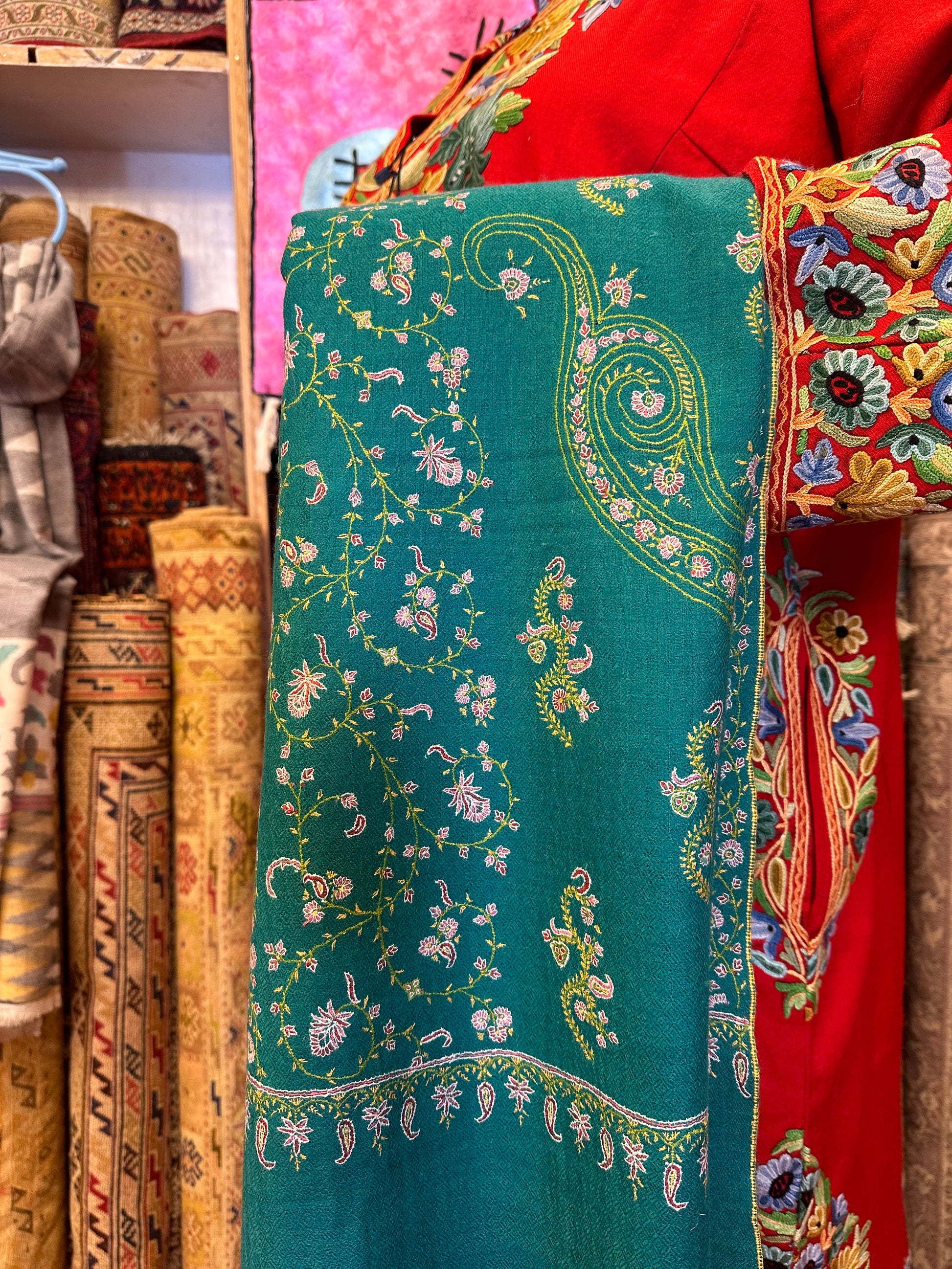 Teal Green Sozni Pashmina Scarf ArtAsiaHandicrafts