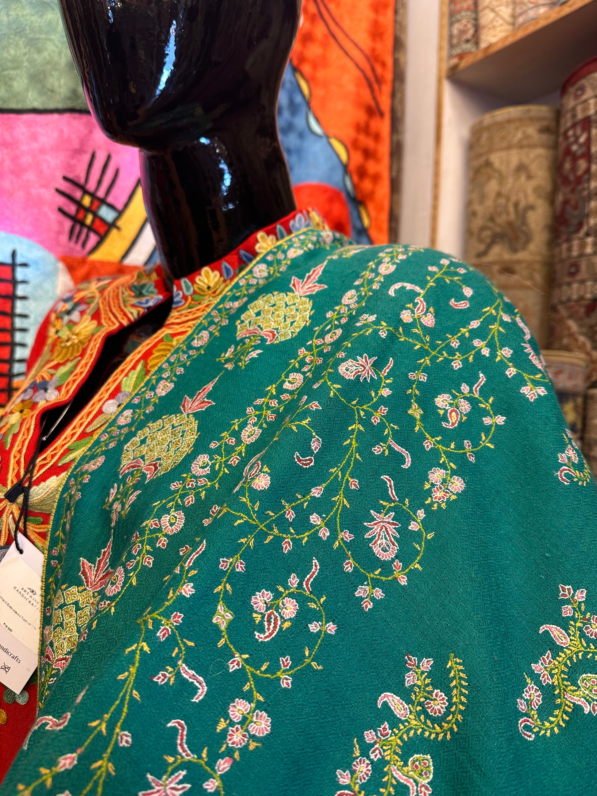 Teal Green Sozni Pashmina Scarf ArtAsiaHandicrafts