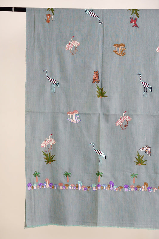 ANIMAL SCENERY BUTI PAIR TEAL COLOR PASHMINA SHAWL